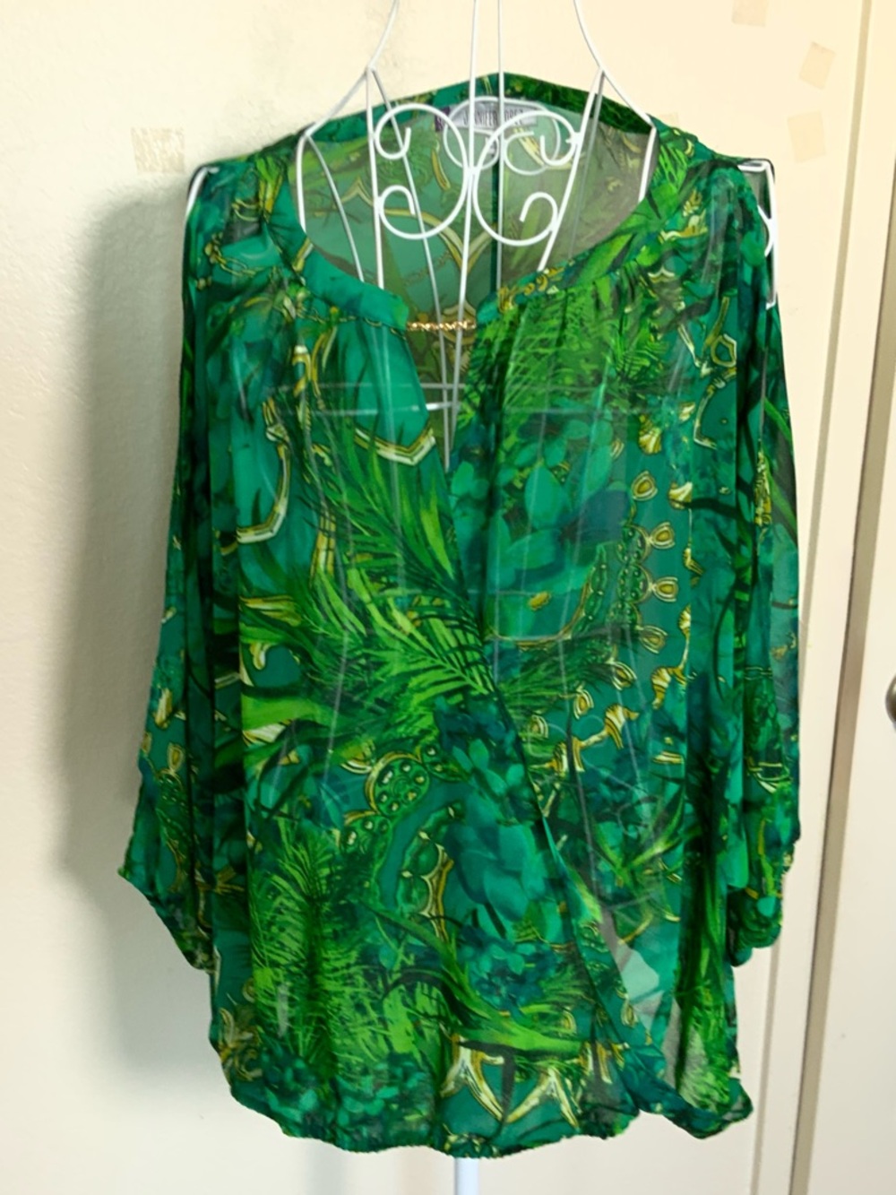 Jennifer Lopez Emerald Green Sheer Printed Blouse